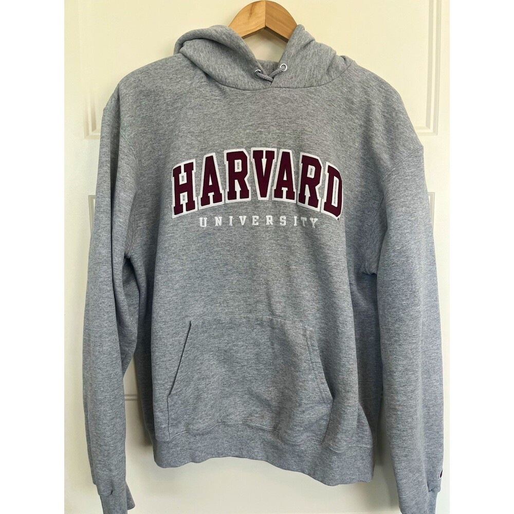 Champion Eco Crimson Harvard University Pullover Hoodie Sweatshirt Gray L